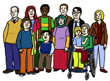 Leichte Sprache Bild: Menschen mit und ohne Behinderungen als Gruppe zusammen