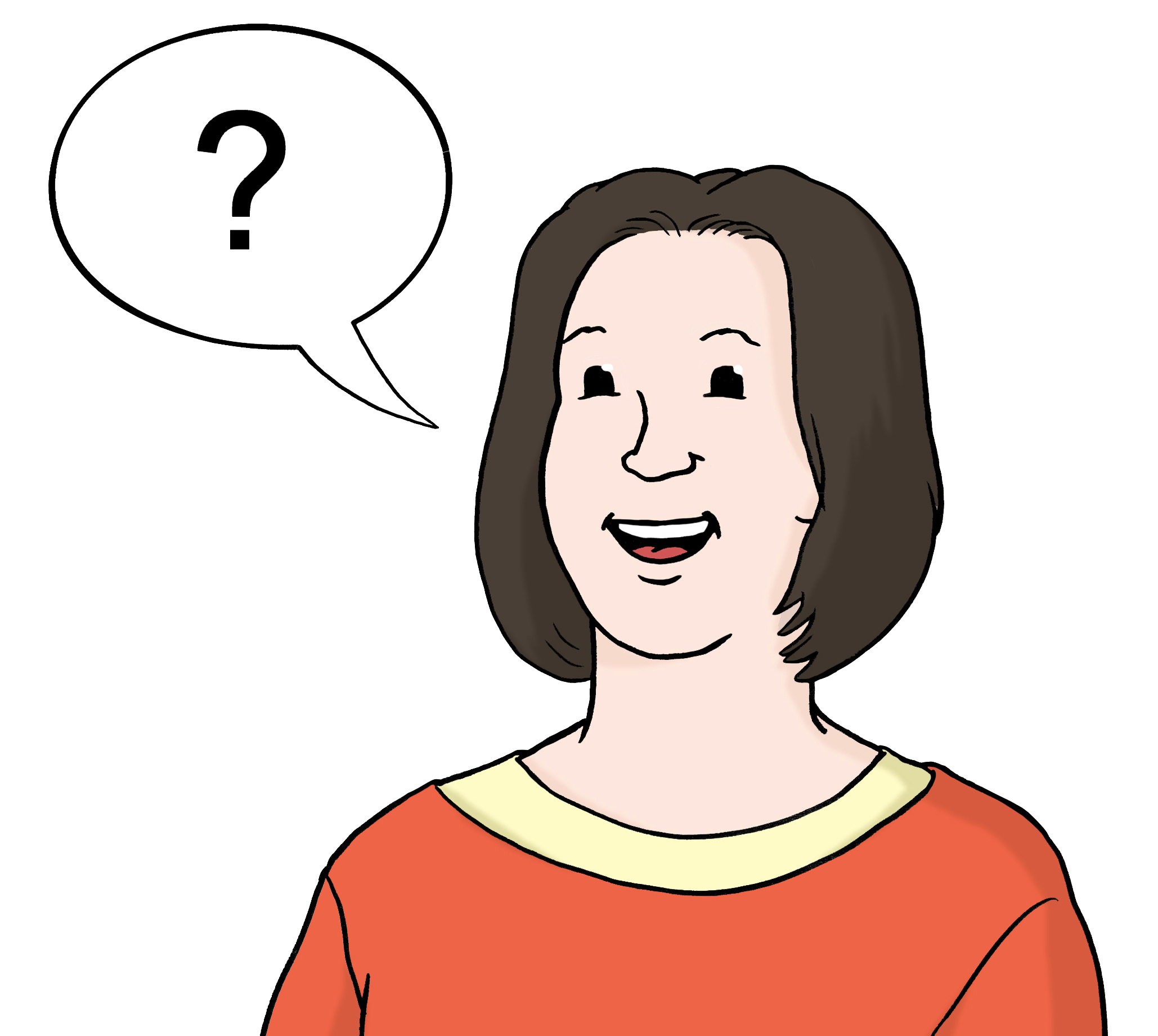 Leichte Sprache Bild: Eine Frau mit einer Sprechblase, darin ein Fragezeichen